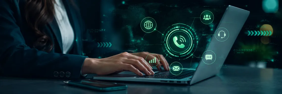 Analyst reviewing business VoIP calling, messaging and support features on a laptop