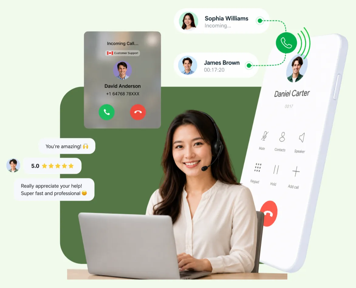 Business VoIP softphone, desk phone and mobile app shown side by side